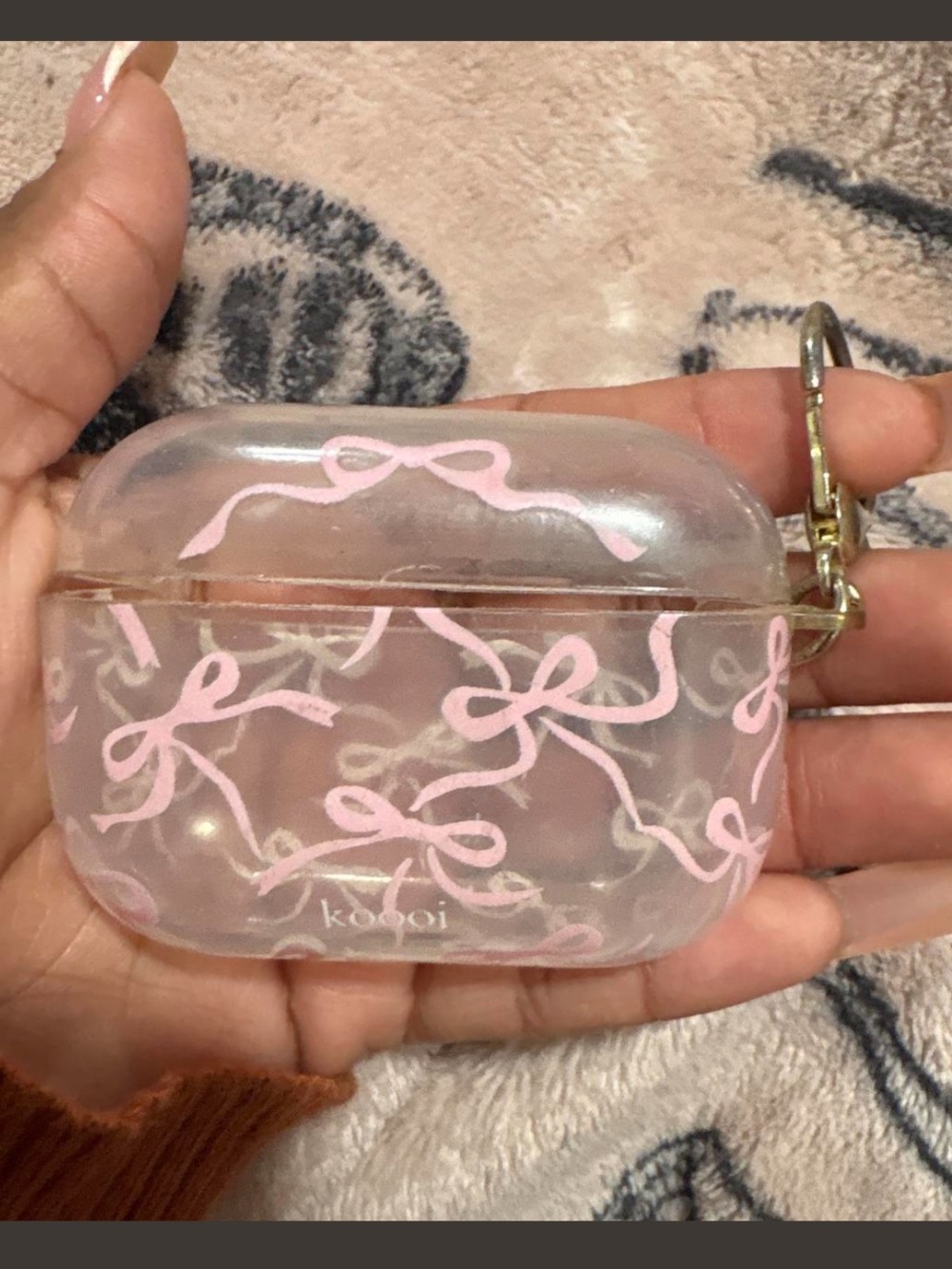 SHEIN Clear AirPods Case with Pink Bow Design and Gold Clip